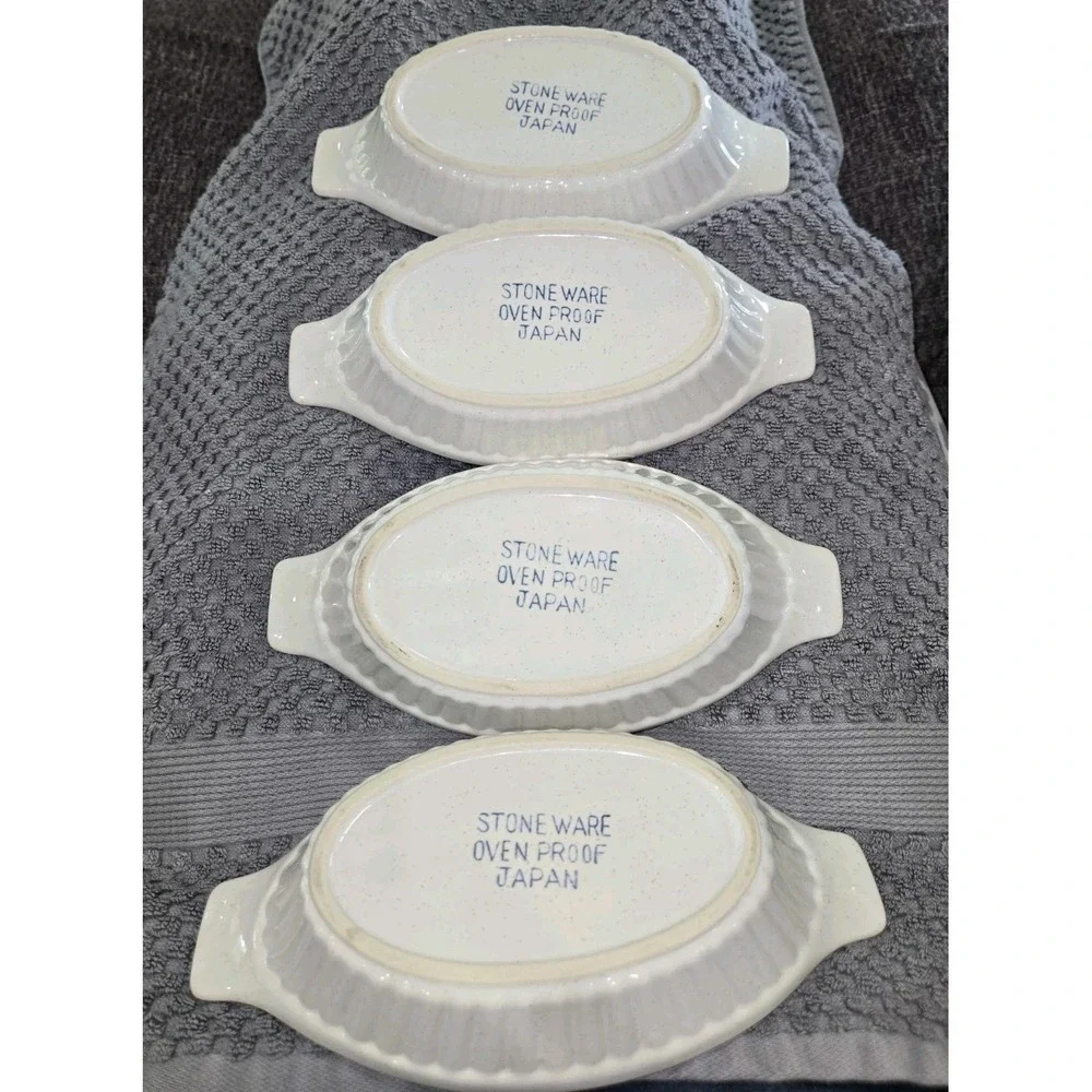 4 STONEWARE Oven Proof Small Oval Casserole Baking Dishes White Japan Ribbed‎